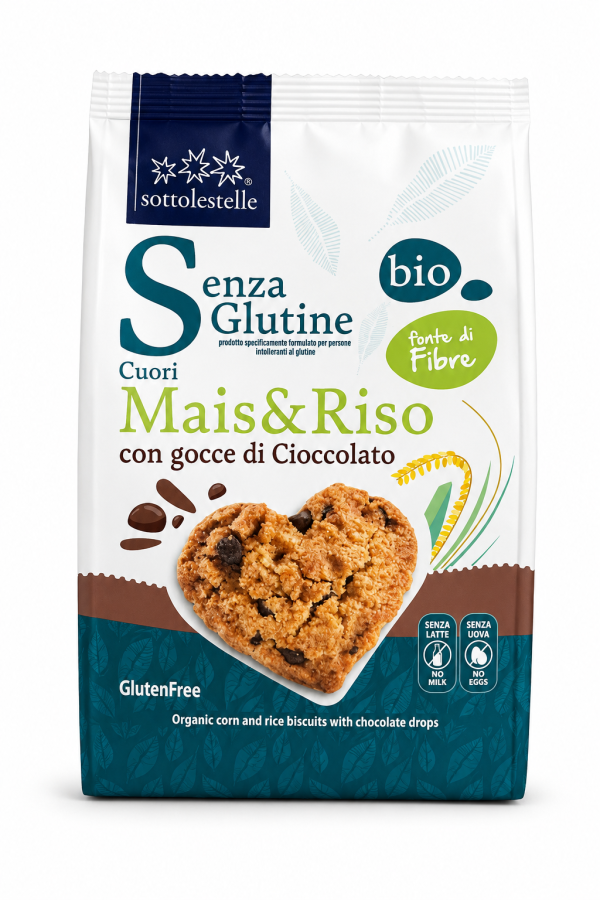 Cuori di mais e riso con gocce di cioccolato BIO VEGAN gr 250 Sottolestelle