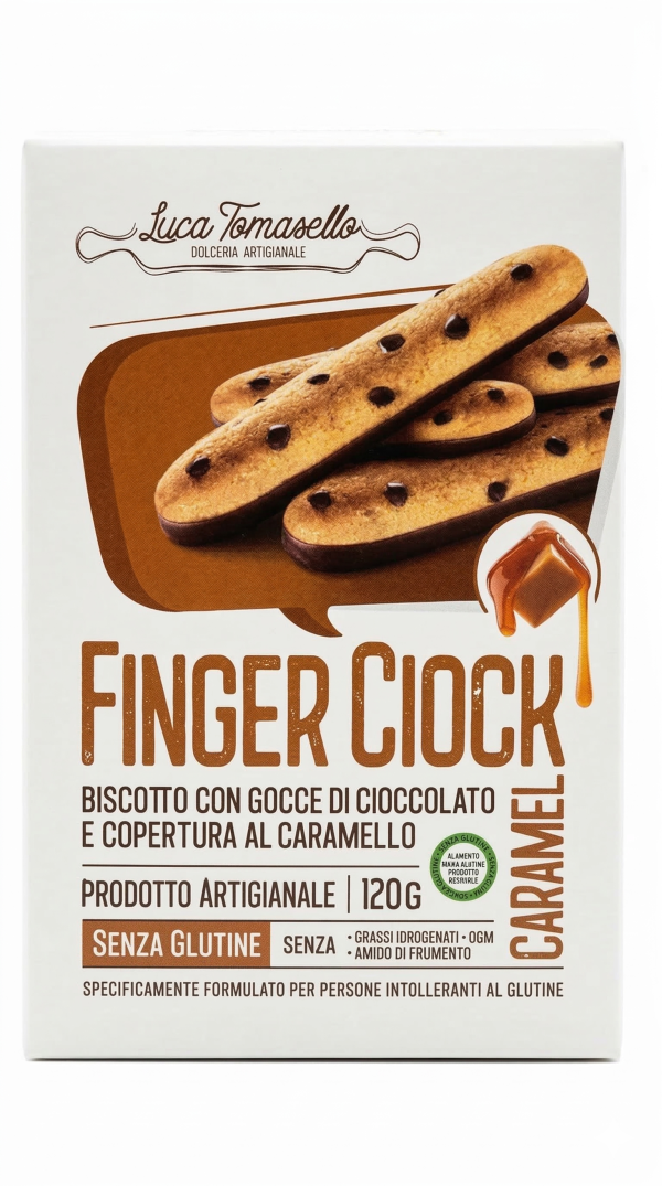 Finger Ciock con gocce di cioccolato e copertura al caramello gr 120 Luca Tomasello