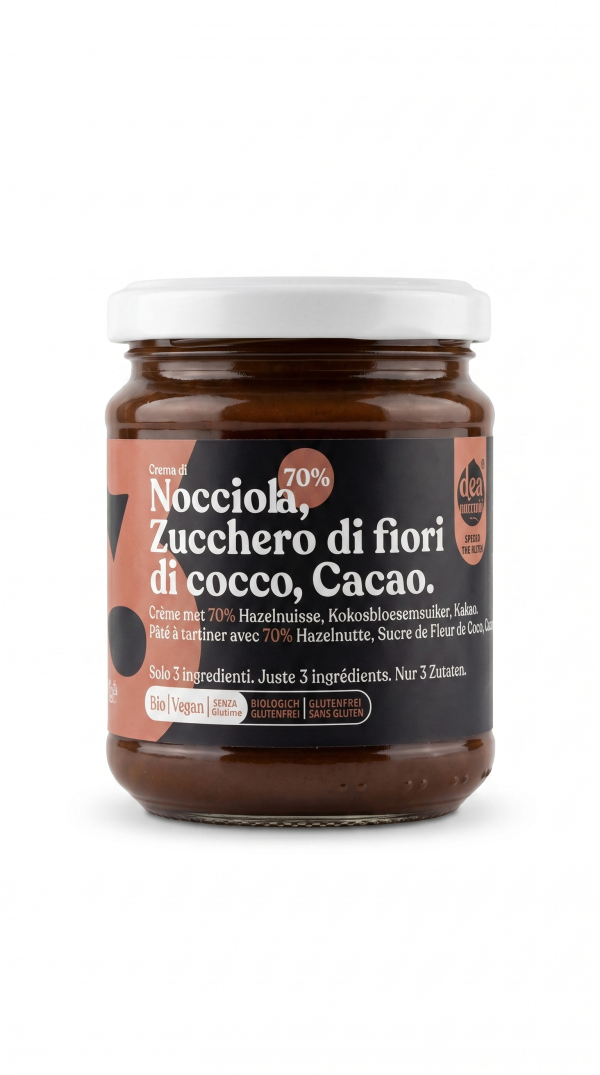 Crema di nocciola 70%, zucchero di fiori di cocco, cacao BIO VEGAN gr 300 Dea nocciola